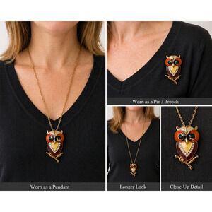 Marie Osmond Owl Pin Pendant Brooch Necklace Gold Tone Enamel Rhinestone Brown